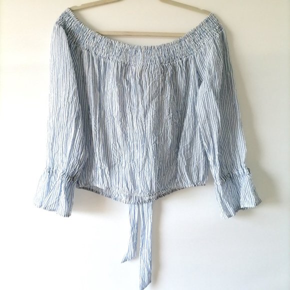 Hem & Thread Womens Blue & White Off The Shoulder Striped Blouse Top Size M - Picture 4 of 7